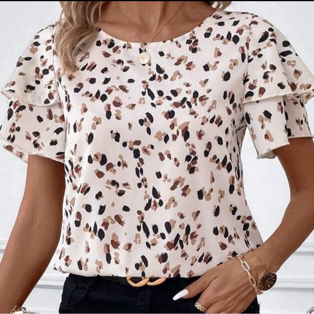 SHEIN Flutter Sleeve Ruffled Blouse in White and Brown